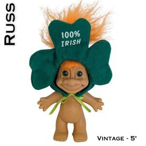 Vintage Russ Leprechaun Troll Doll 5" Irish Green Hair Shamrock Hat St Patricks